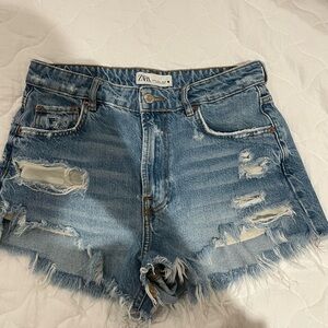 Zara Women's Light Blue Ripped Jean Shorts